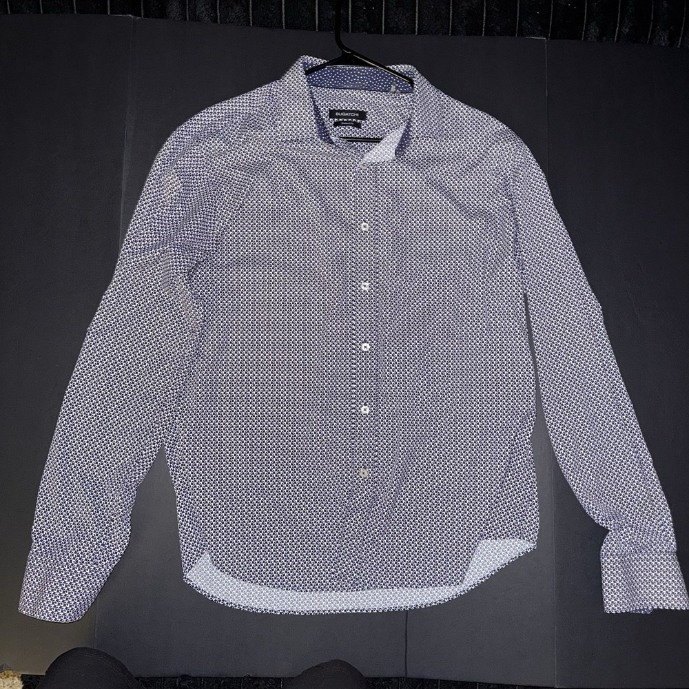 Men's Large Bugatchi Cotton Blue White Shaped Fit Long Sleeve Button-Up Shirt